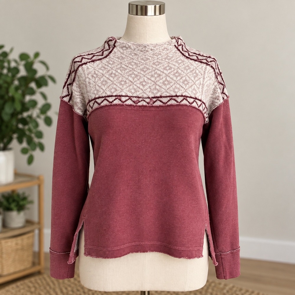 Free People Beach Fair Isle Pullover Sweater Maroon Geometric Mock Neck Top